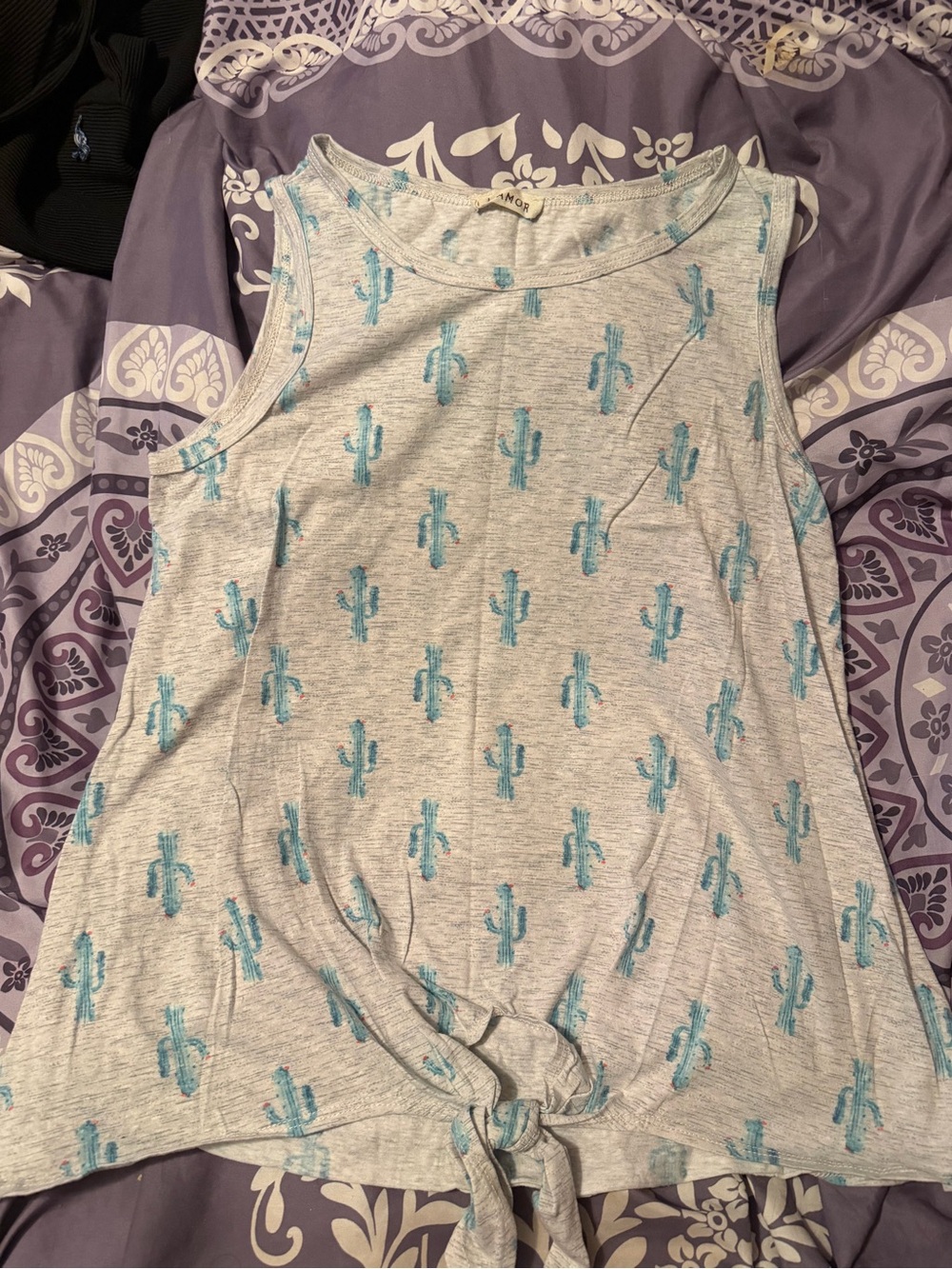 Light Gray Cactus Print Tie-Front Tank Top - Blue Cacti